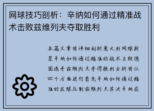 网球技巧剖析：辛纳如何通过精准战术击败兹维列夫夺取胜利