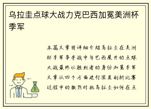 乌拉圭点球大战力克巴西加冕美洲杯季军