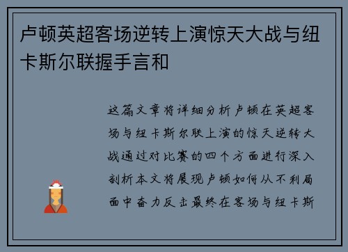 卢顿英超客场逆转上演惊天大战与纽卡斯尔联握手言和 卢顿英超客场逆转上演惊天大战与纽卡斯尔联握手言和