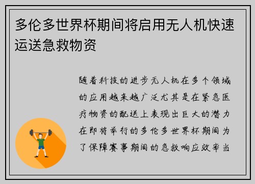 多伦多世界杯期间将启用无人机快速运送急救物资